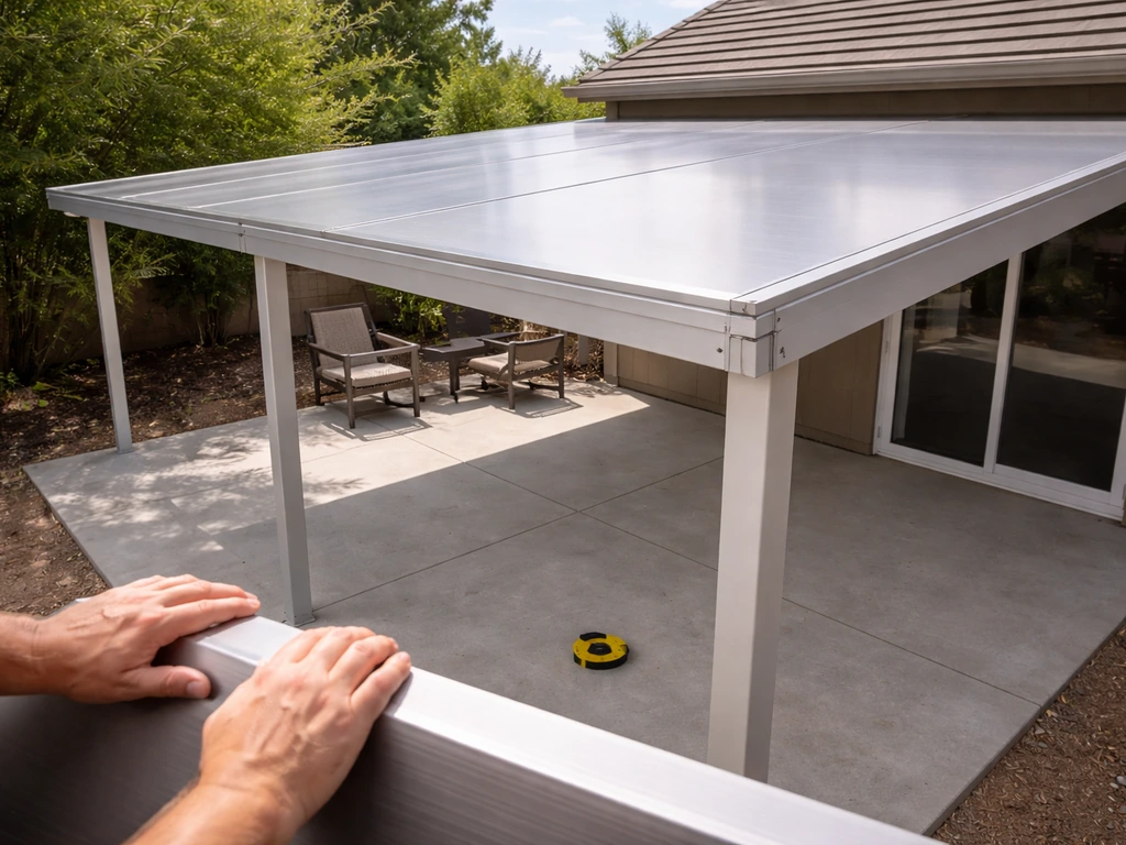 Backyard patio with a newly installed solid aluminum roof section and scale tape on the floor.