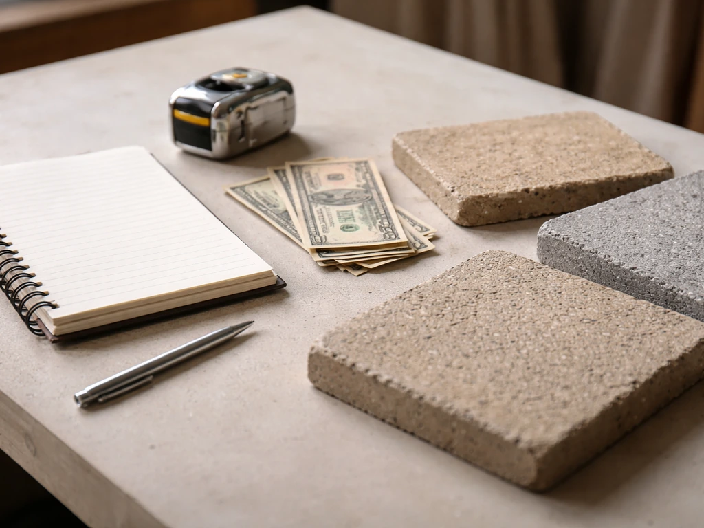 Minimal photo of a patio-cost calculator scene: contractor-style notebook with cash and patio pavers in soft light