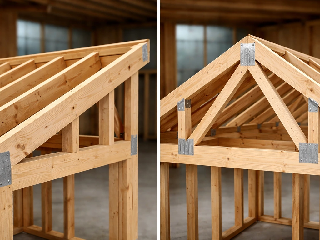 Close-up of shed vs gable roof framing showing different rafters and peaked ridge complexity.