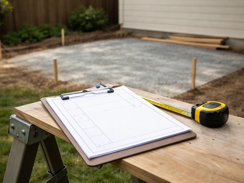 Permit application plan set on clipboard beside tape measure and yard stakes at a patio project site.