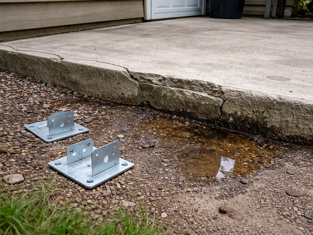 Backyard concrete patio corner showing cracks and a damp drainage area near potential post footings.