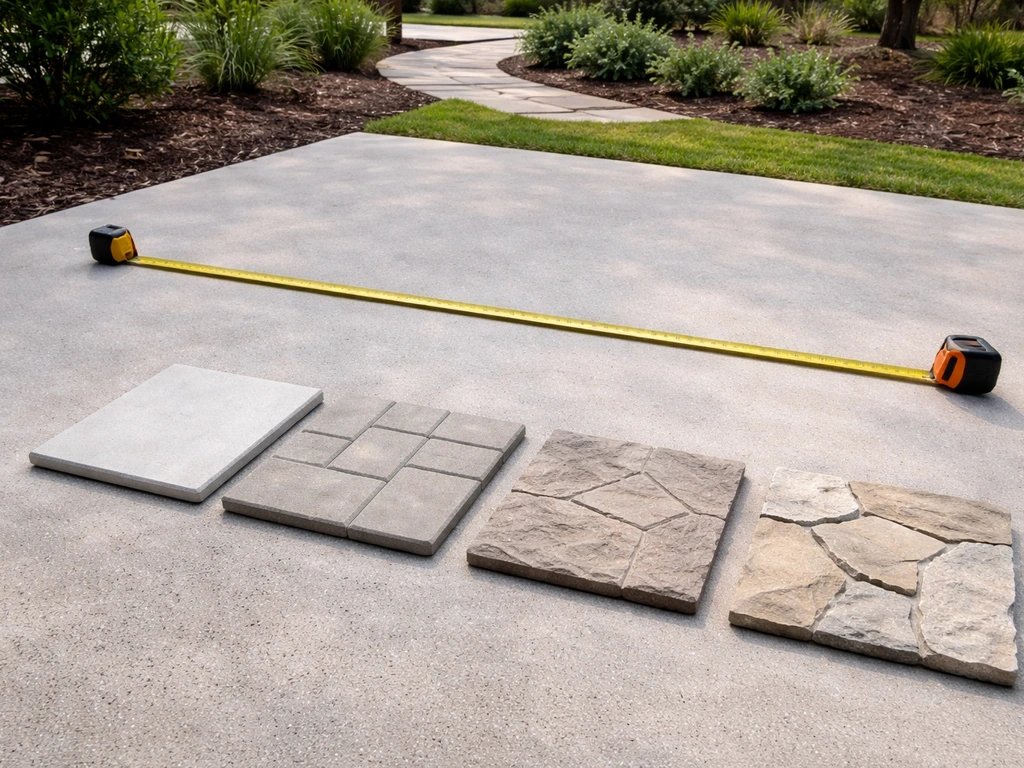 Backyard patio with tape measure and four material samples on the ground to suggest patio cost tiers.