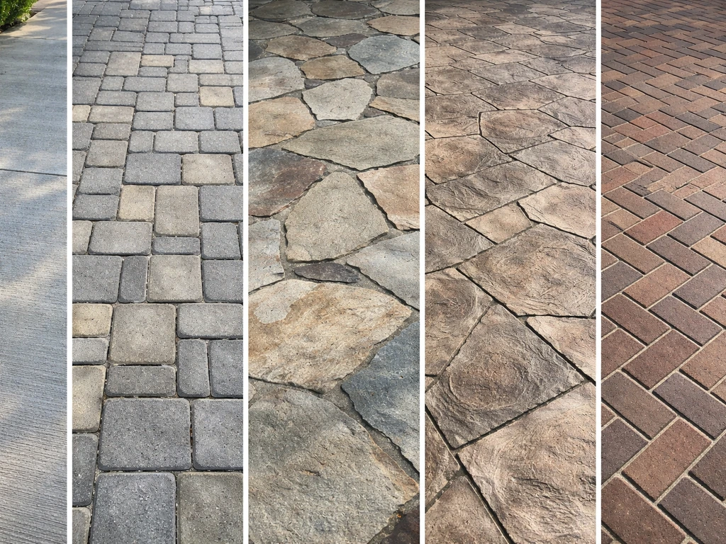 Five material finish samples of installed patio options: concrete, pavers, natural stone, stamped concrete, and brick.