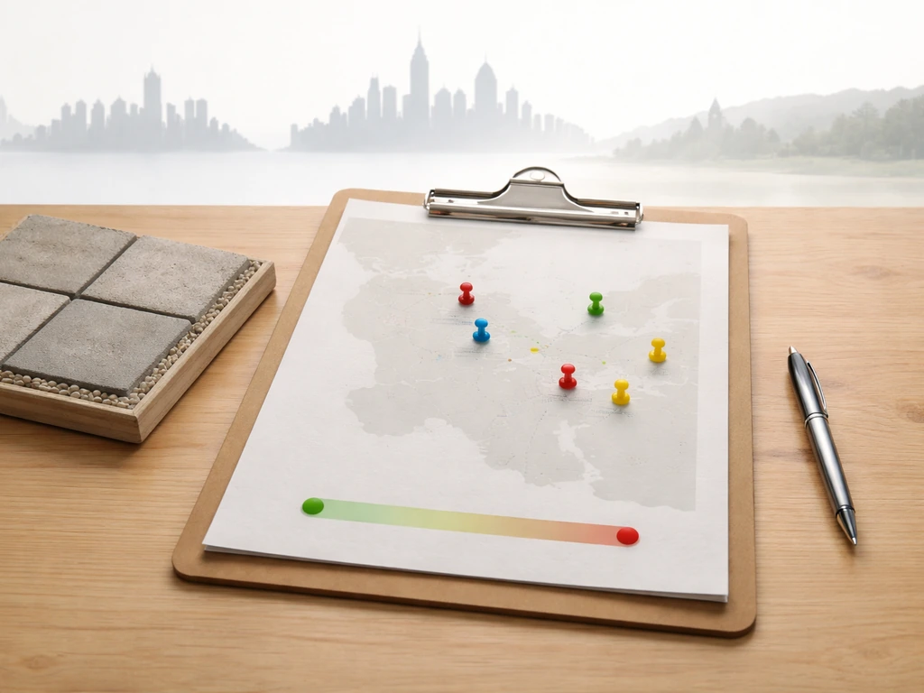 Open blank map with pushpins and generic city skylines over a patio sample, showing regional cost impact.