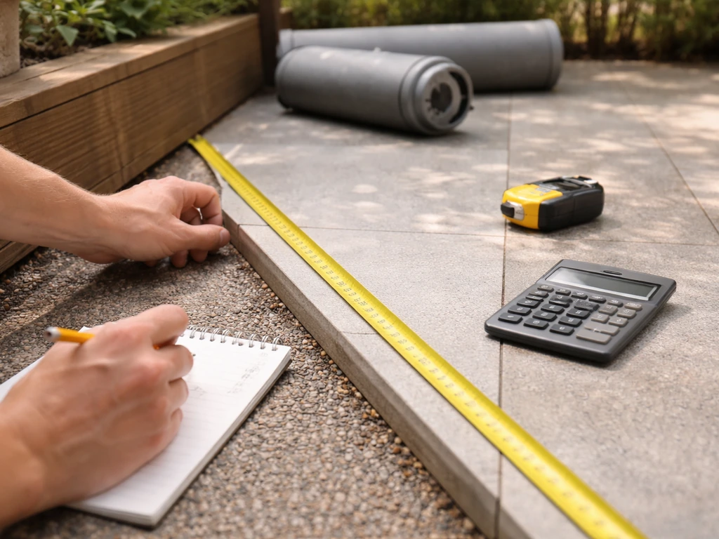 Homeowner’s hands measure a patio with a tape measure beside notes and calculator for quote prep