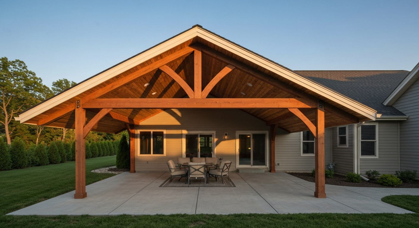 Photorealistic daytime photo of a finished gable patio cover attached to a house showing the peaked roof, cedar posts, metal roofing, and furnished outdoor living area.