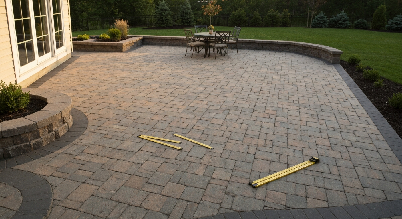 Finished backyard patio with Beacon Hill–style interlocking pavers in warm gray/tan, table and chairs, planter edge; measuring tape on pavers to suggest scale.