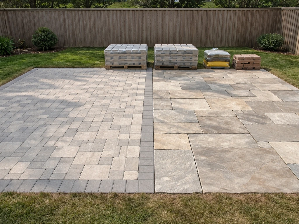 Two adjacent patio material surfaces in a backyard—concrete pavers vs natural stone—to suggest installed cost range.
