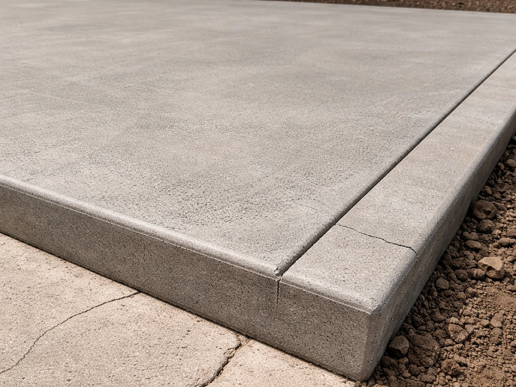 Close-up of a plain poured concrete patio slab showing smooth finish texture and slab edges.