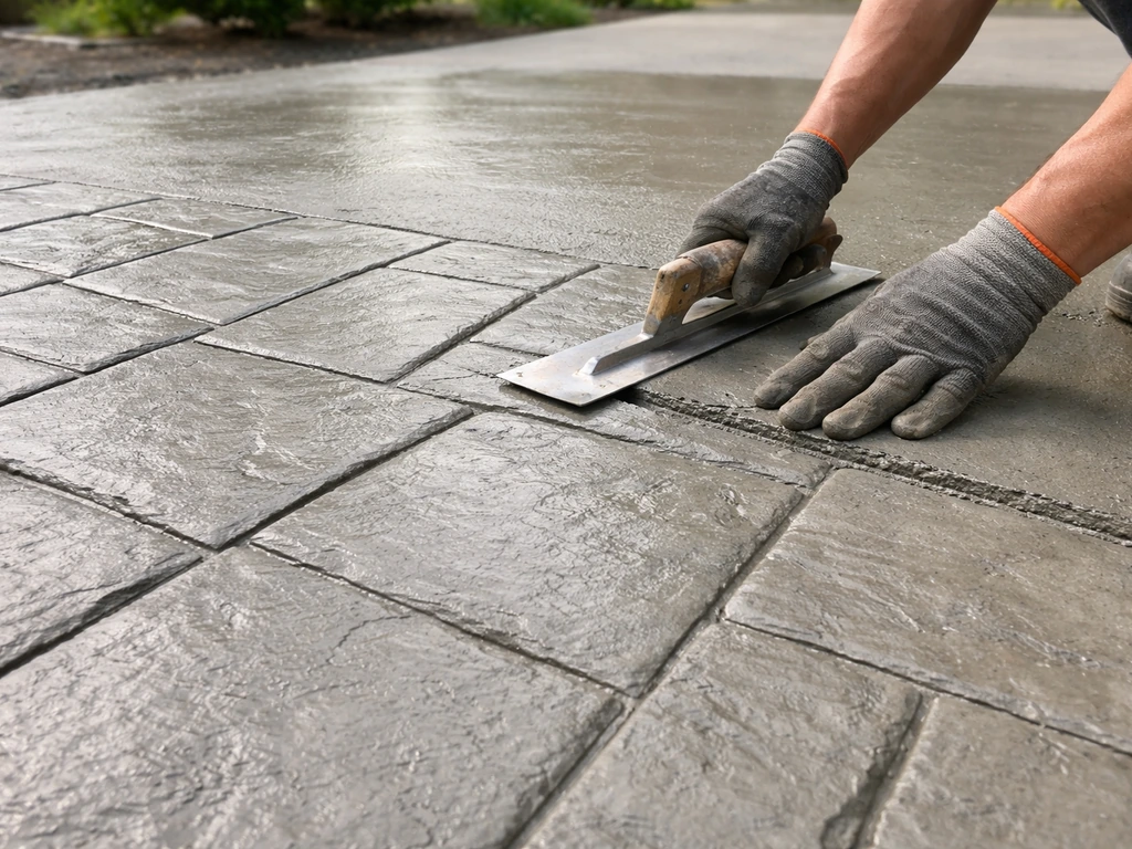 Fresh stamped concrete surface with a clear stamp pattern and textured finish being worked.