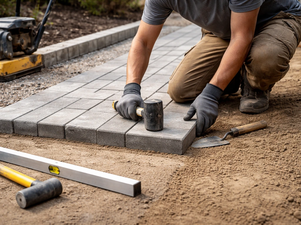 Paver installer laying stone pavers on prepared base, using tools in a quiet residential walkway setting.