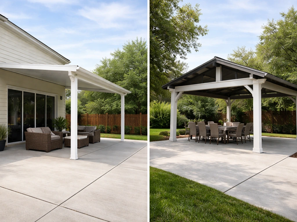 Side-by-side view of a simple attached lean-to patio cover and a more complex freestanding custom patio cover.