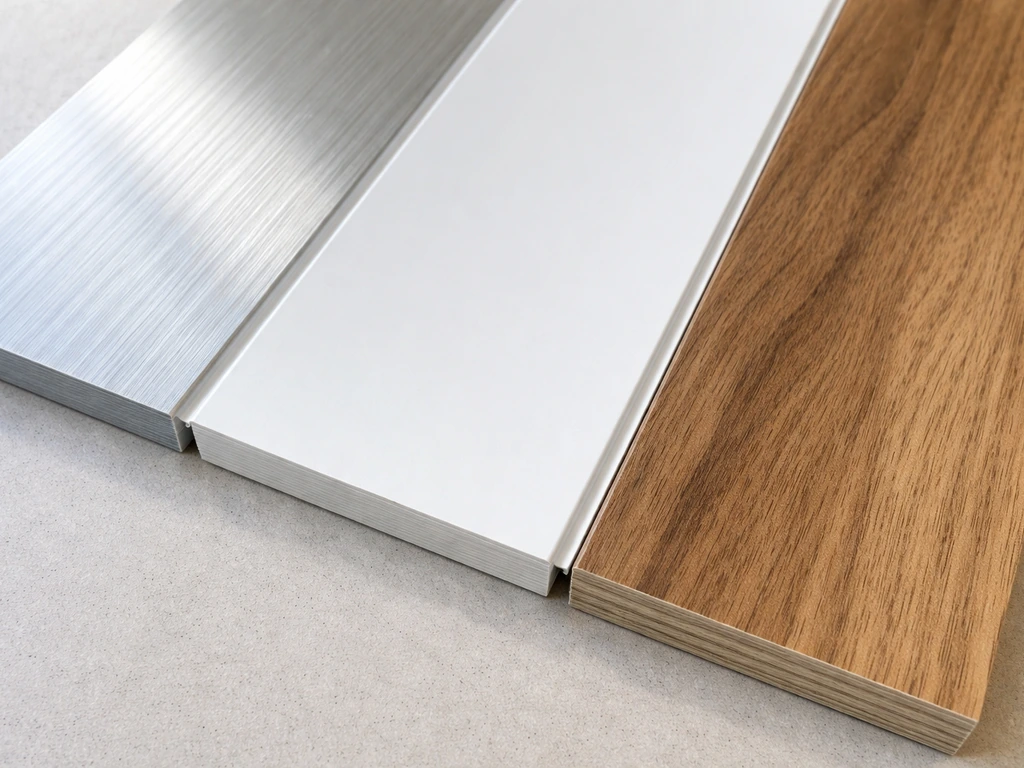 Close-up of aluminum, vinyl, and wood-toned composite patio cover material samples side-by-side.