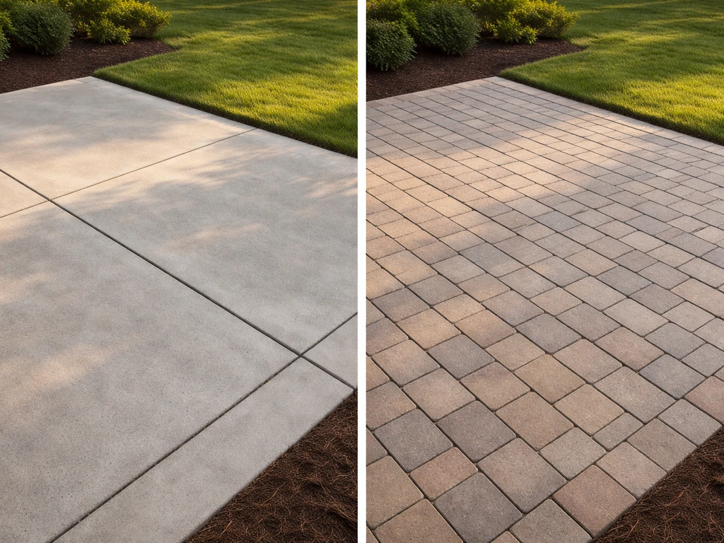 Two adjacent patios under the same light: concrete slab on one side, brick pavers on the other.
