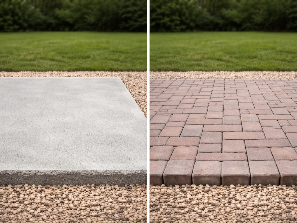 Minimal side-by-side view of a poured concrete patio section and a brick paver patio section