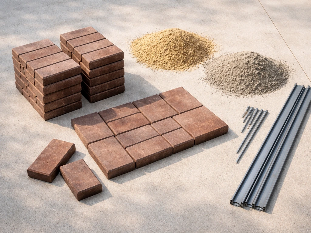Overhead view of brick pavers, bedding sand, joint sand, and edging components for a patio layout.