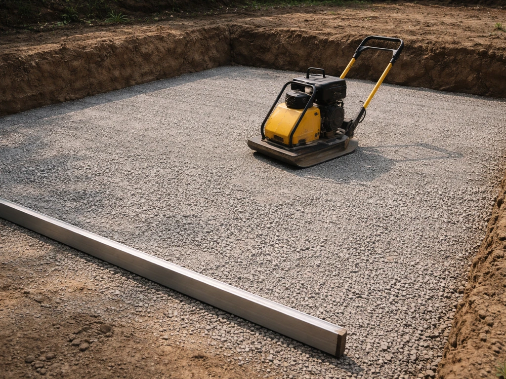 Worker compacts gravel base for a patio with a leveling screed, showing excavation and preparation