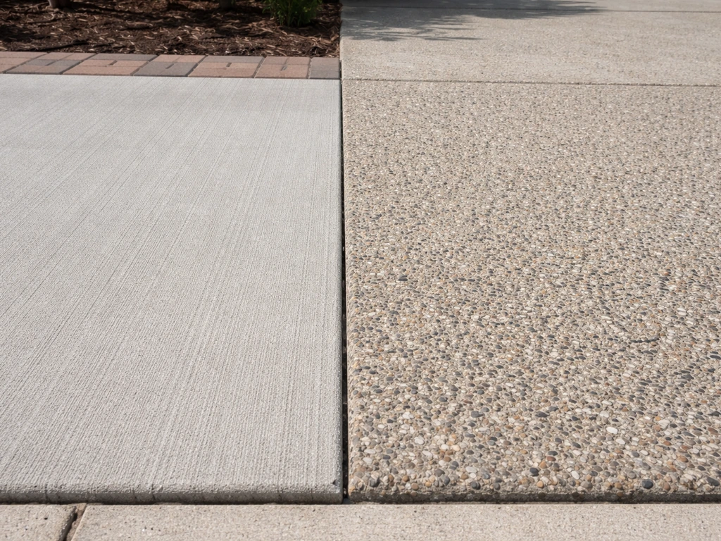 Driveway with broom-finish concrete next to exposed-aggregate slab beside brick pavers.