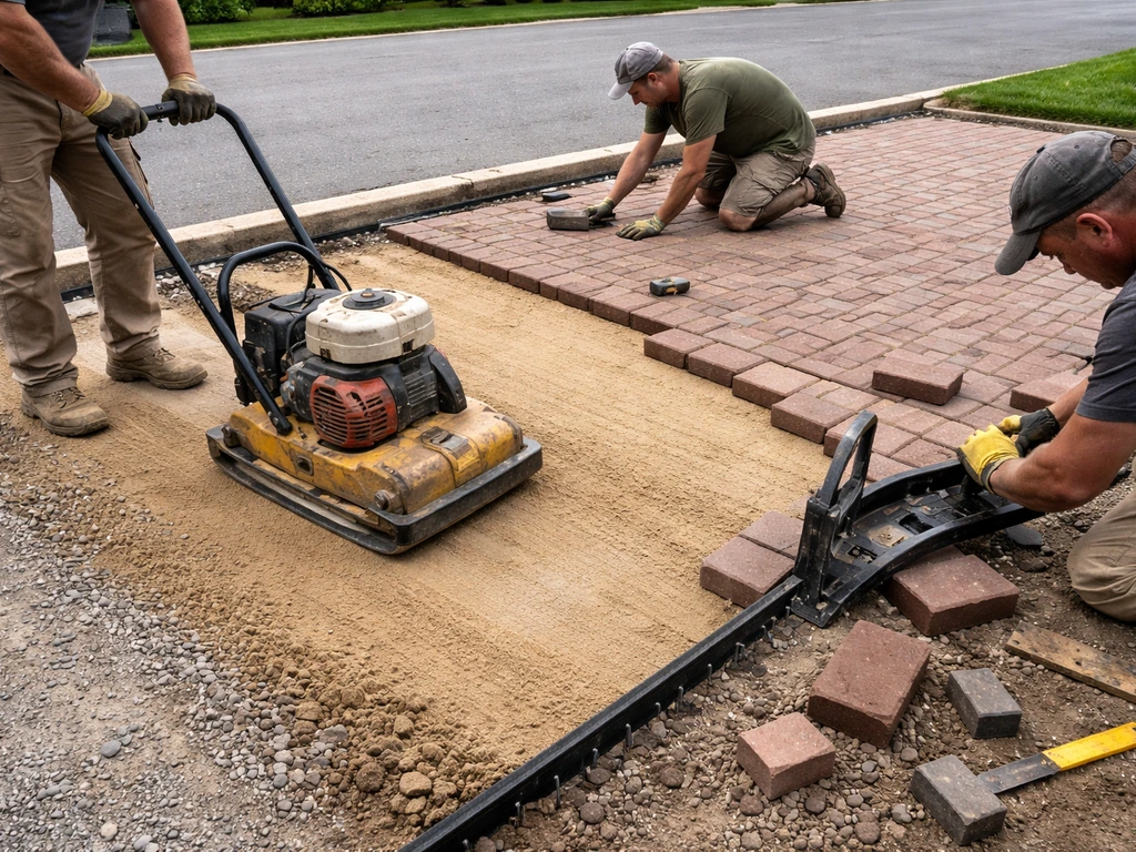 Anonymous workers compacting gravel and laying brick pavers on sand, trimming a paver at the edge