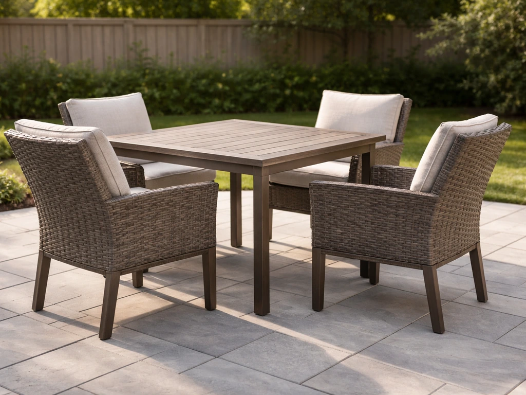 Outdoor patio dining set with table and chairs on a finished patio, showing materials and realistic 2026 styling.