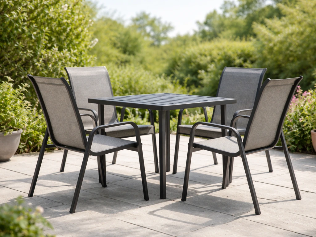 Basic 4-piece patio dining set with two chairs visible and a small outdoor table on a clean patio.