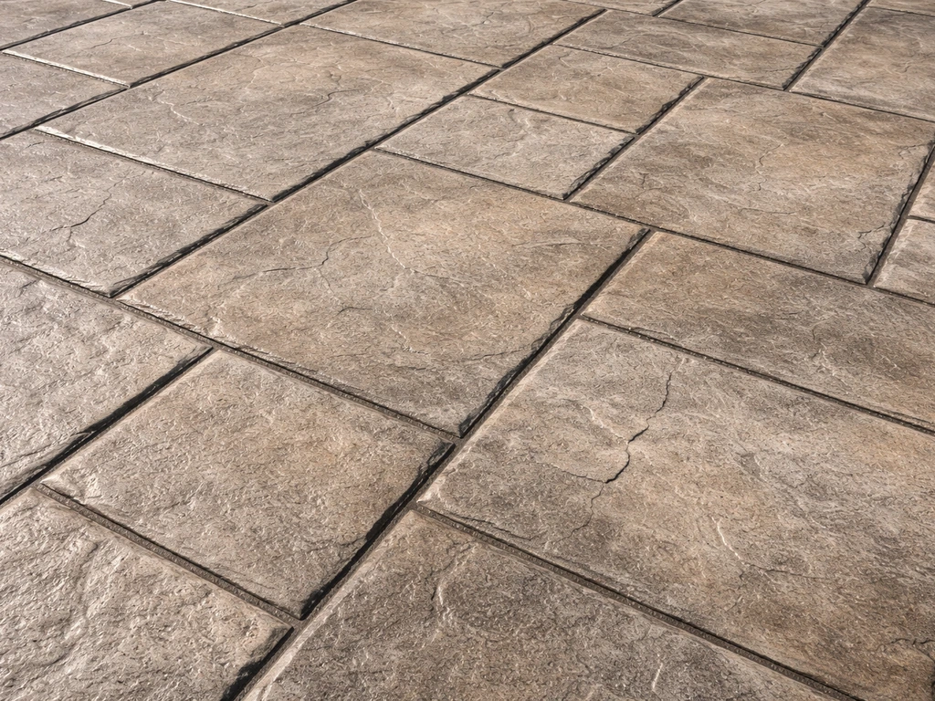 Close-up of stamped concrete patio showing decorative pattern, texture, and subtle color variation