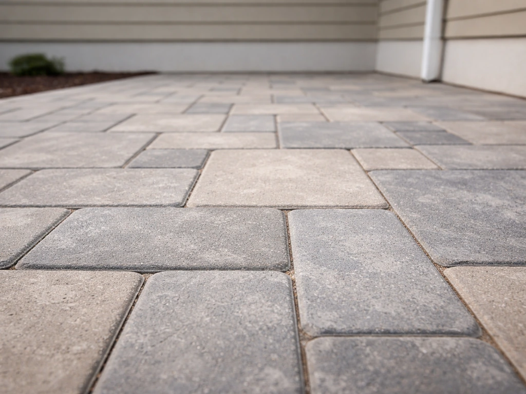 Close-up of installed concrete pavers with visible sand lines and slight style variations in a patio surface