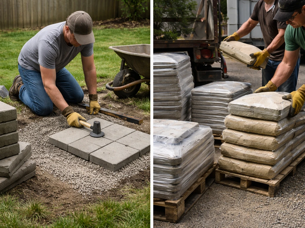 Split scene: DIY homeowner leveling patio pavers vs contractors staging paver materials near a truck.