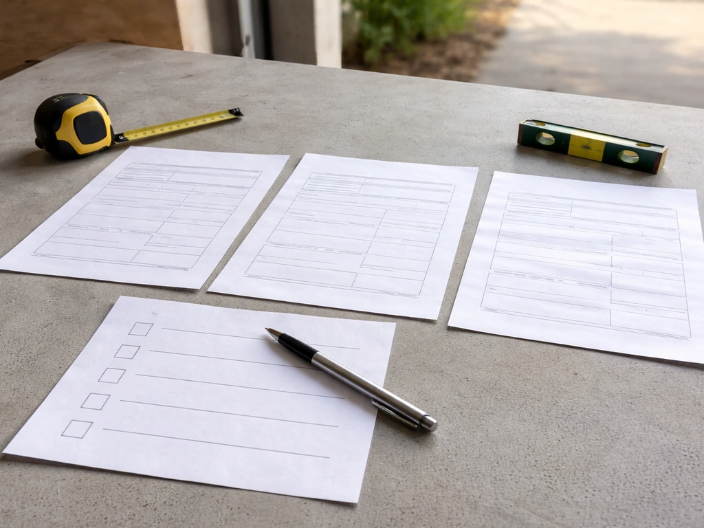 Three patio quote documents and a simple checklist laid side-by-side on a workbench with tools nearby.