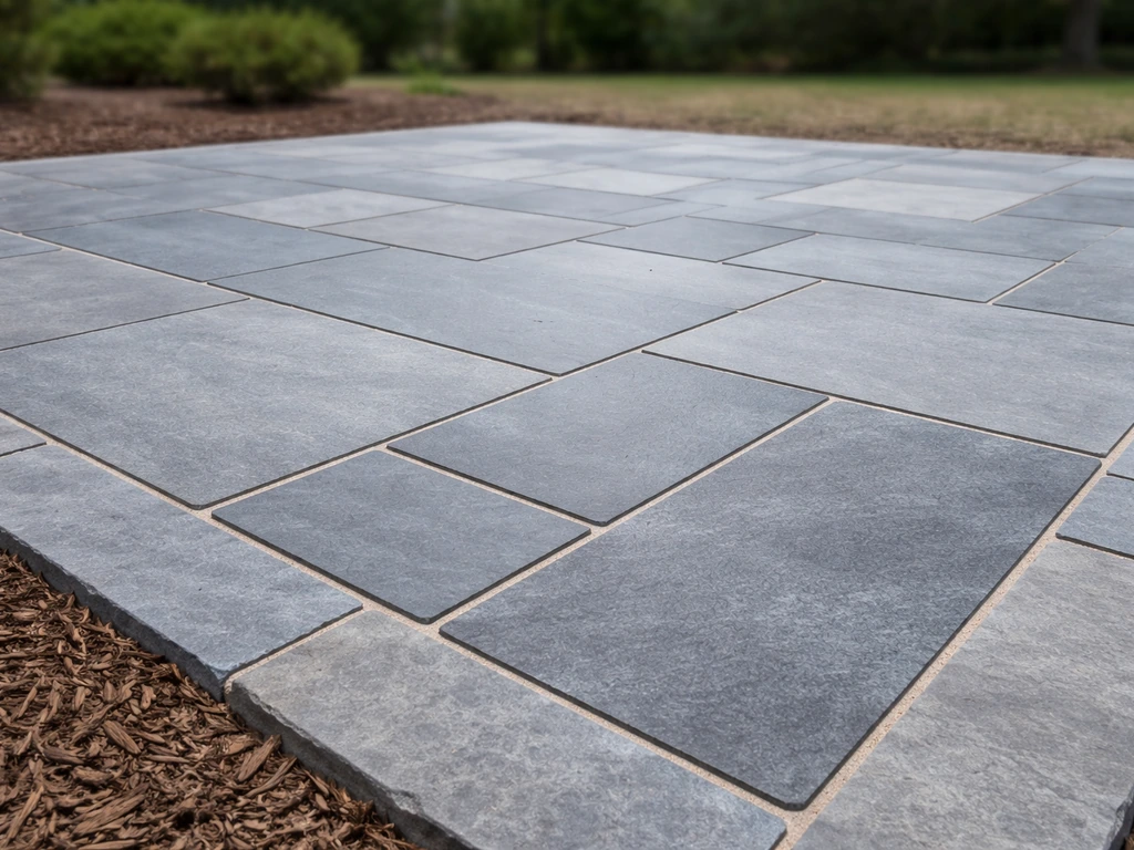 Finished bluestone patio with clean edges and visible stone layout in natural outdoor setting
