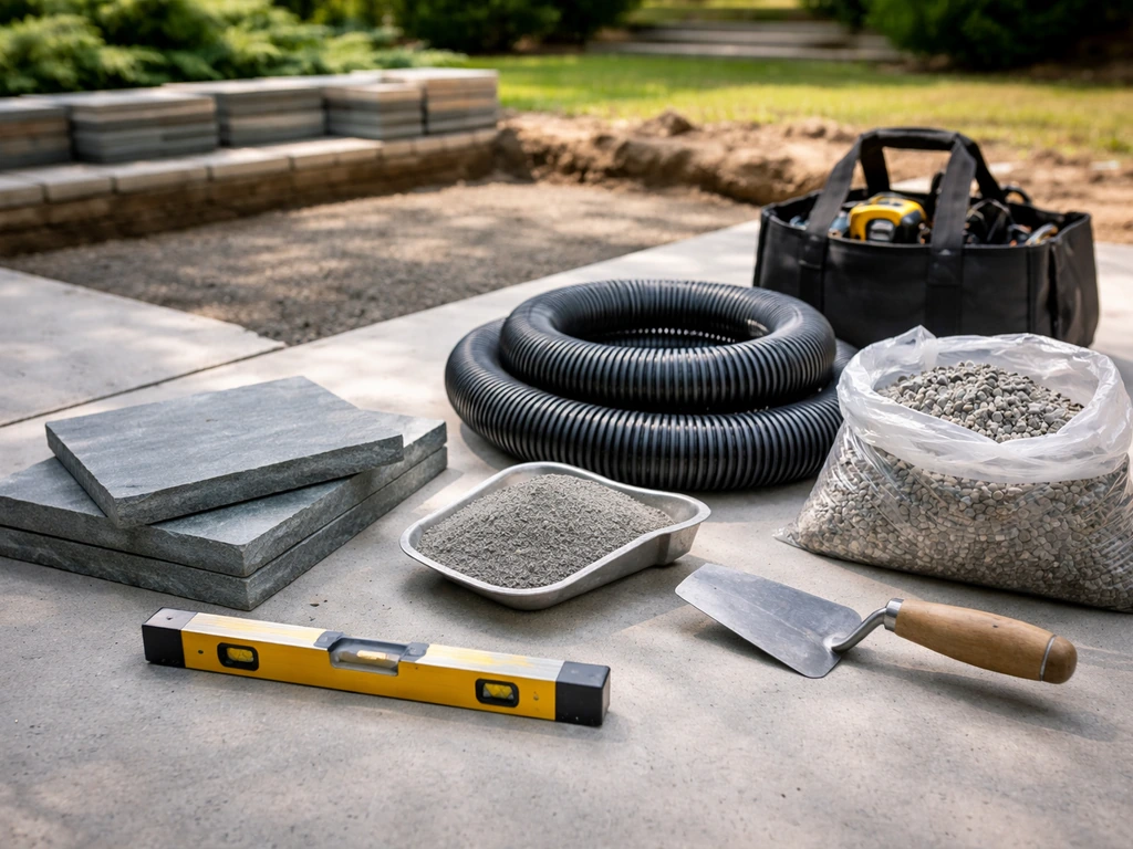 Minimal contractor tabletop scene with bluestone pavers, drainage pipe, base material, and sand on concrete.