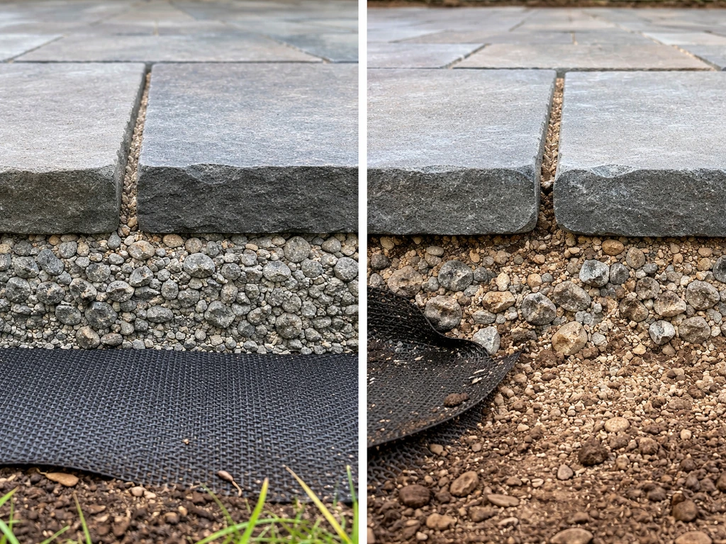 Close-up of correct vs incorrect bluestone patio base detail, showing geotextile and jointing sand vs gaps.