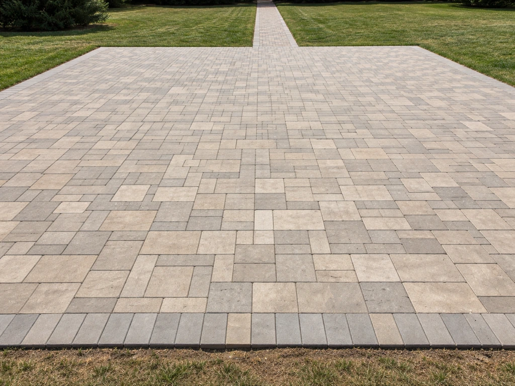 Wide view of a completed paver patio with edging stones and visible seams in natural light.