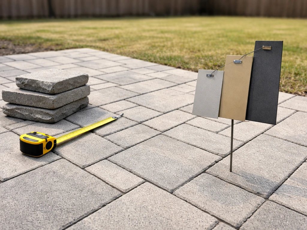 Minimal photo of a paver patio with a measuring tape and three unlabeled price-scale cards beside it.