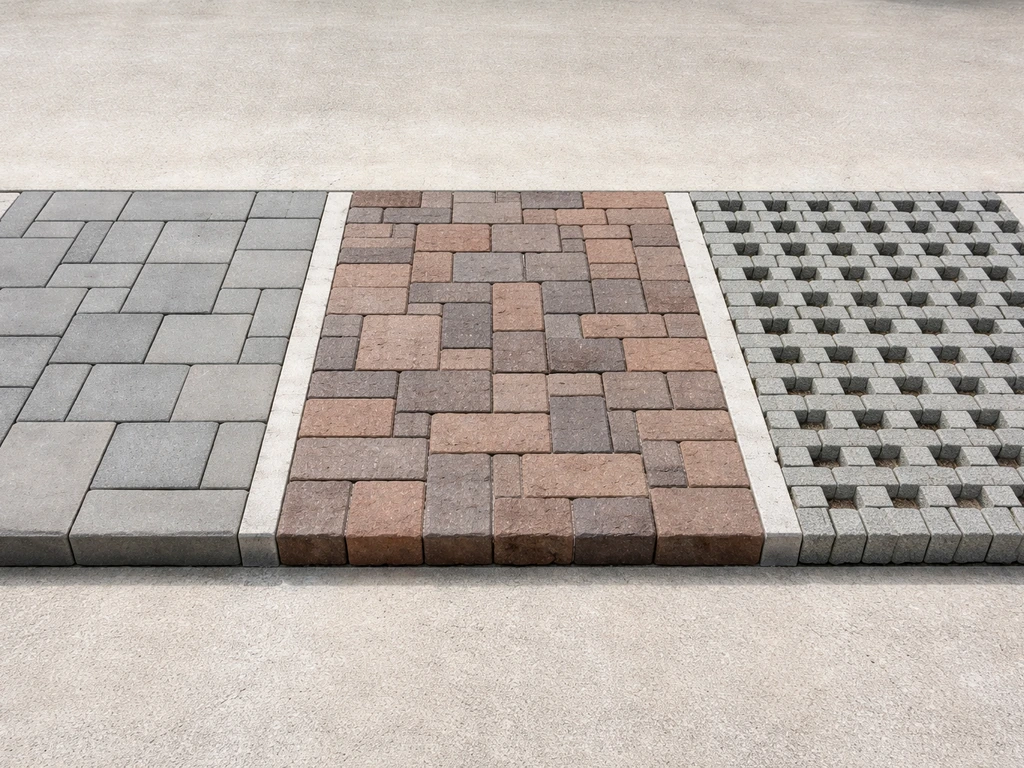 Three side-by-side paver types—concrete, brick, and permeable—shown in separate sections under natural light.