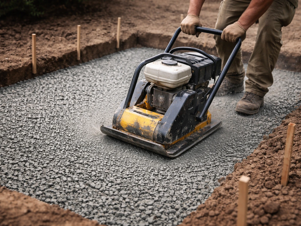 Contractor compacting a crushed-stone patio base for pavers with visible base depth and neat edges.