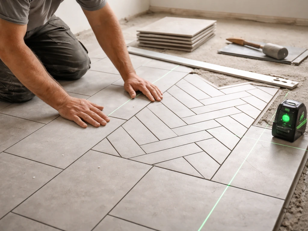 Porcelain tile installer aligning herringbone pattern with spacers and a laser level on a clean floor