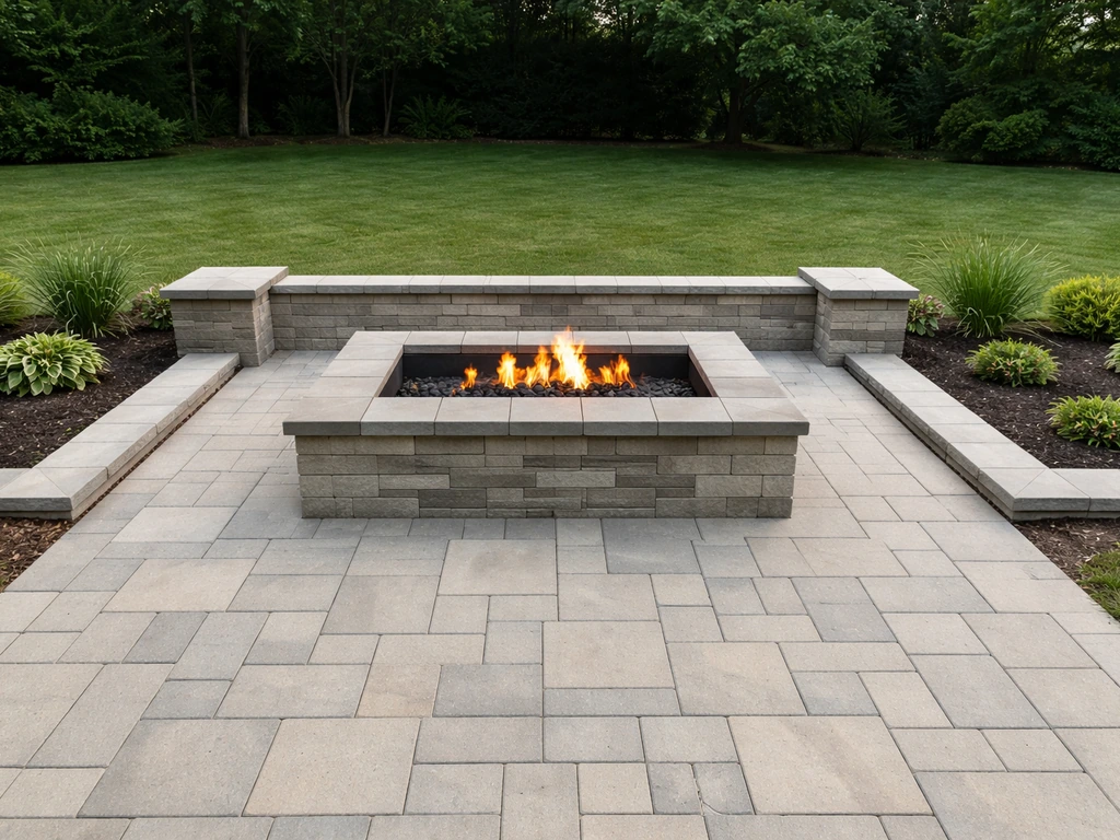 Finished paver patio with a built-in fire pit and surrounding paver seating walls.