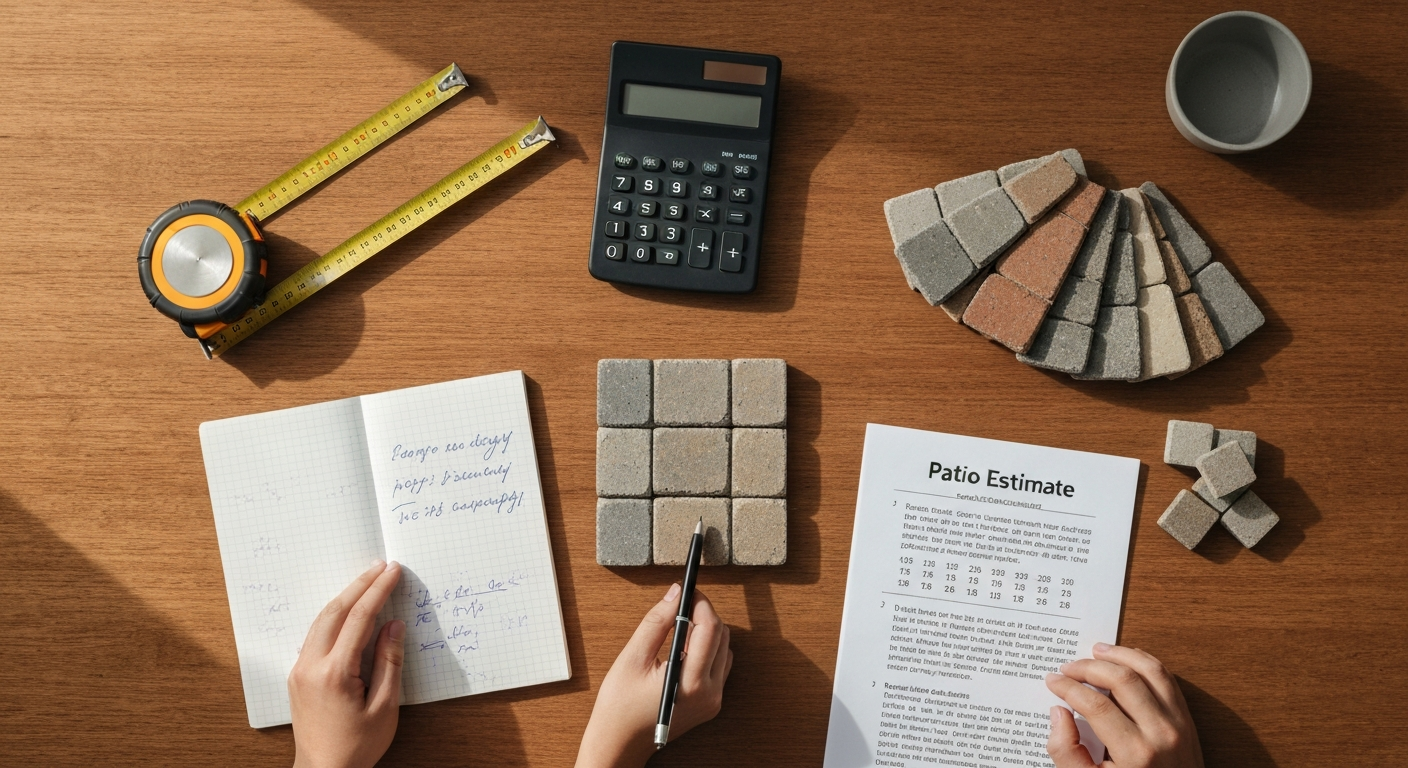 Flat-lay of patio planning: tape measure, calculator, notepad with calculations and sample pavers on a wooden table.