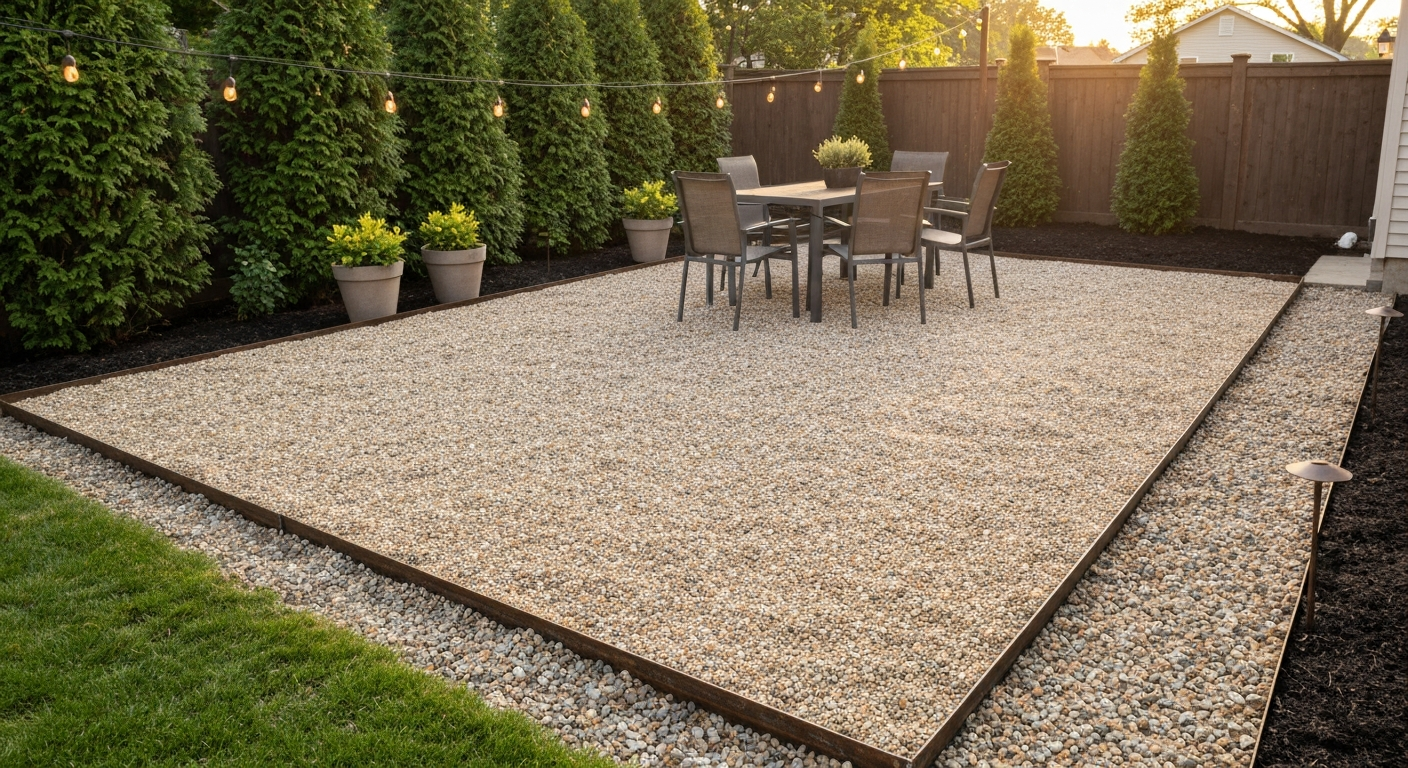 Backyard gravel patio with pea gravel, steel edging, outdoor seating, potted plants and string lights at golden hour.