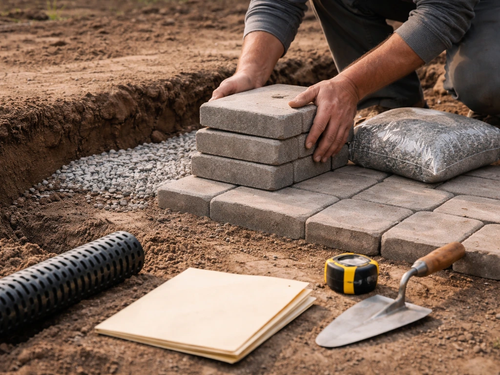 Contractor hands by patio pavers and tools with trench soil, gravel base, drainage pipe, and blank permit folder.
