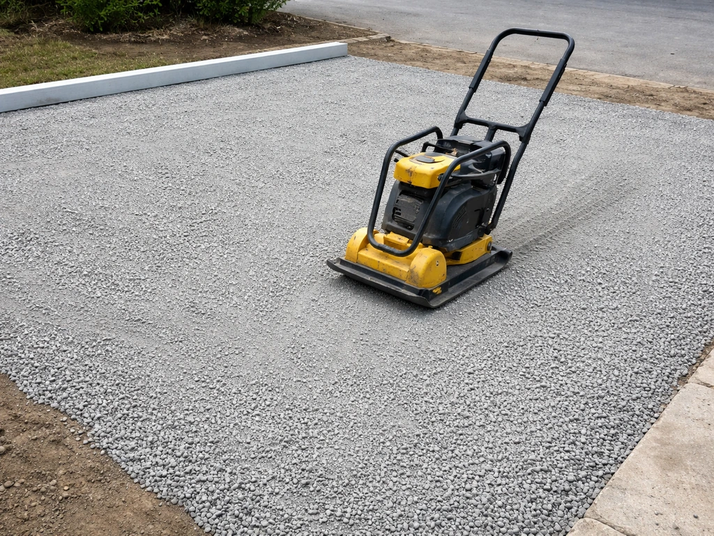 Plate compactor compacting a newly leveled gravel base for a patio, with a simple grade reference nearby.