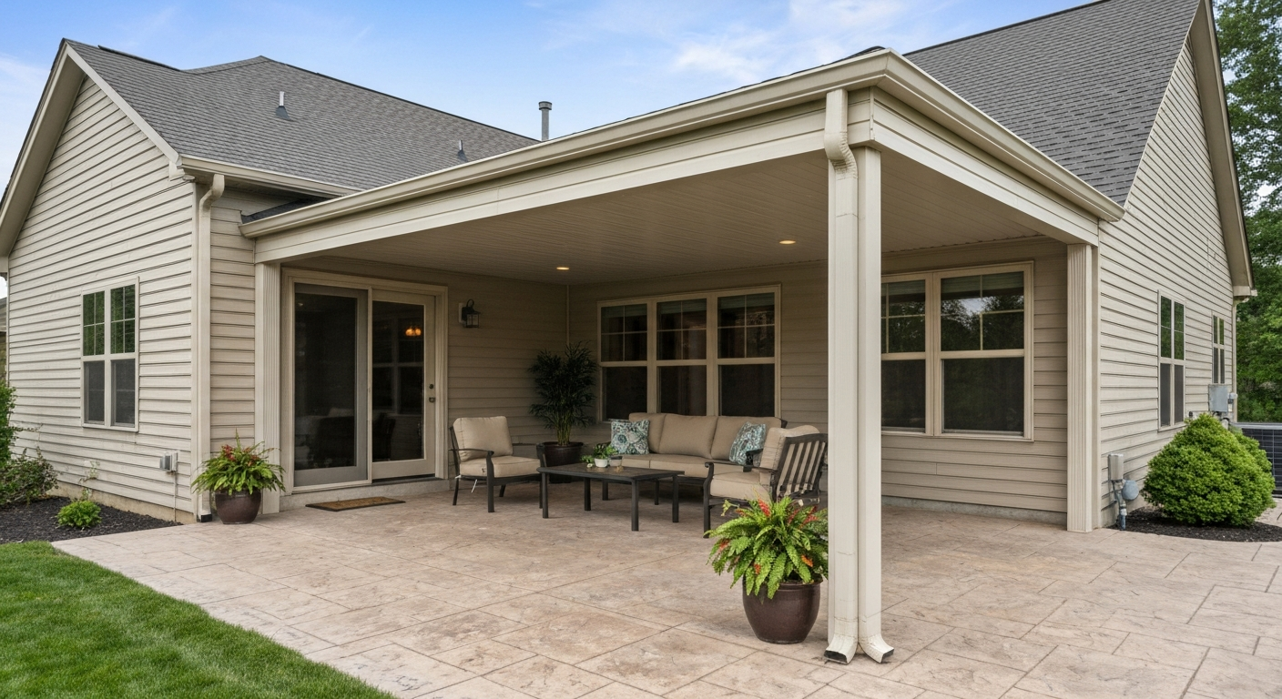 Photorealistic attached covered patio with an aluminum roof, stamped concrete surface, and outdoor furniture.