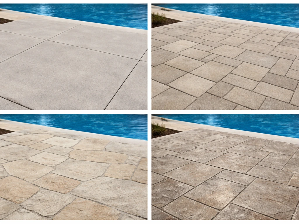 Minimal pool patio surface comparison showing concrete, pavers, stone, and stamped concrete finishes