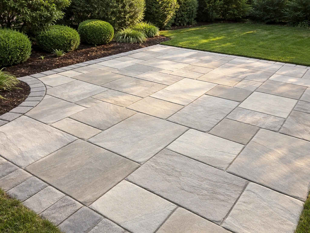Installed natural stone patio with neatly laid flagstone slabs in a residential backyard.
