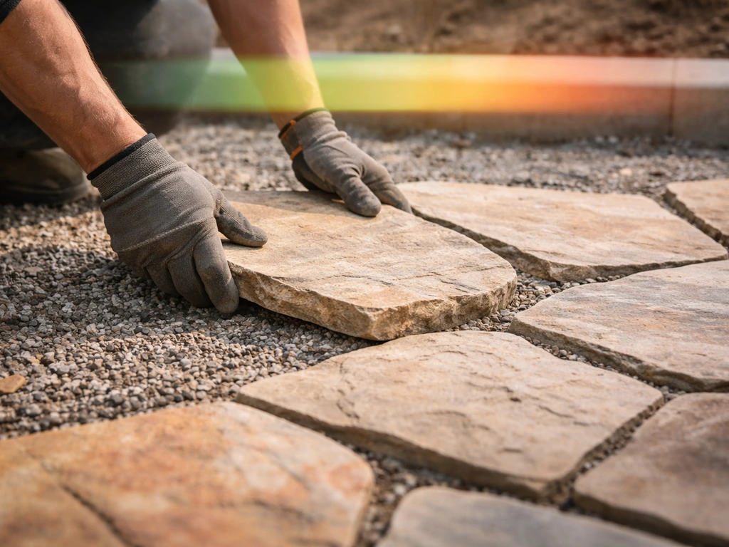 Hands installing natural stone patio stones on gravel, with subtle color bands suggesting cost range.