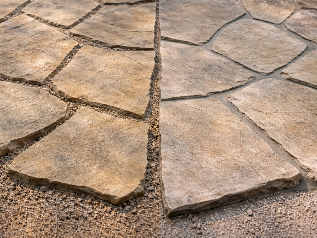Side-by-side patio stones showing dry-laid sand gaps versus mortar-filled joints on flagstone.