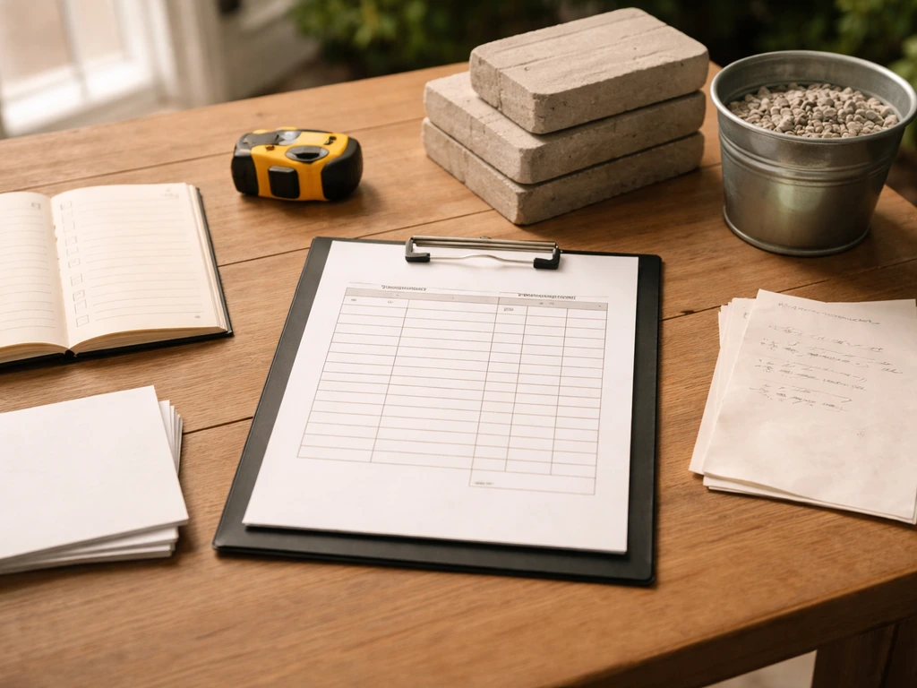 Patio quote worksheet layout on a wooden table with pavers, tape measure, gravel, and blank paperwork.
