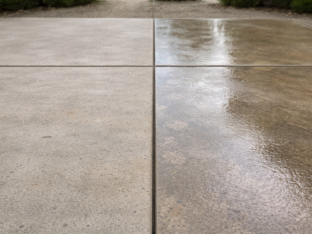 Split view of patio concrete sealed two ways: matte and wet-look, showing sheen differences