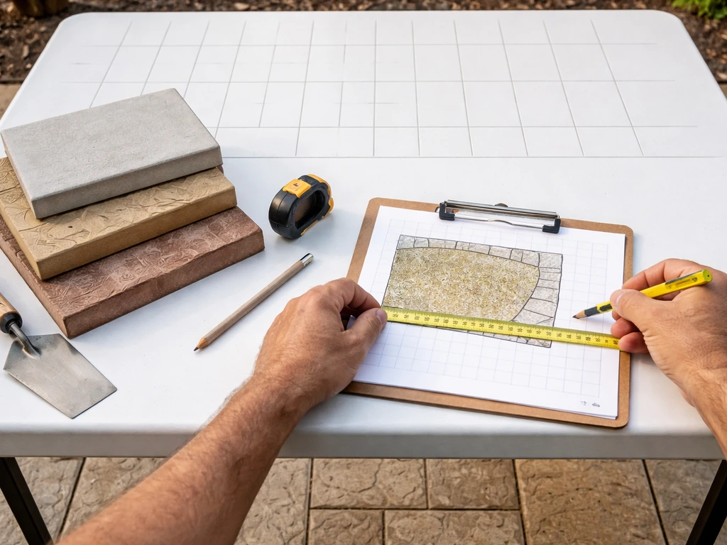 Hands measuring stamped concrete samples on a table, showing basic, mid-range, and premium patio textures.